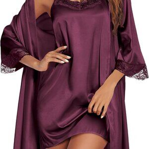 Sleepwear Women's Satin Nightgown with Robes Set 2 Piece Sexy Lace Cami Nightwea